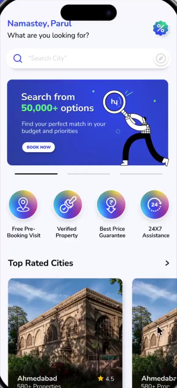 Historical Homversity hostel discovery screen with Ahmedabad location filters, map prices and a hostel result.
