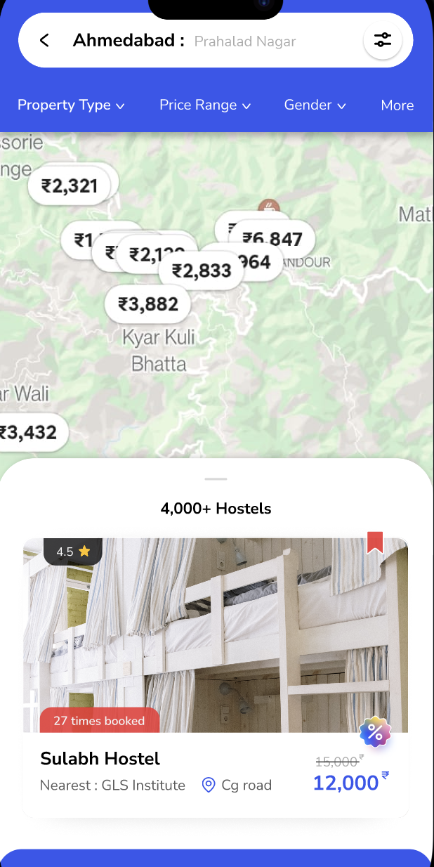 Homversity student accommodation discovery screen showing Ahmedabad location filters, map prices and a hostel result.